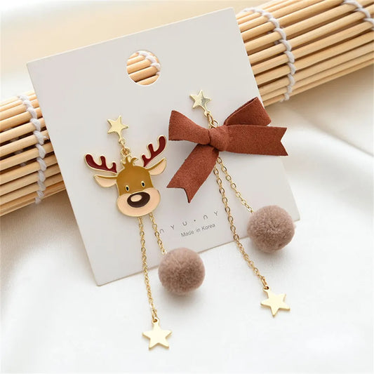 Cute Christmas Elk Bow Dangle Earrings For Women Asymmetric Star Hair Ball Long Tassel Earrings New Year Gifts Fashion Jewelry