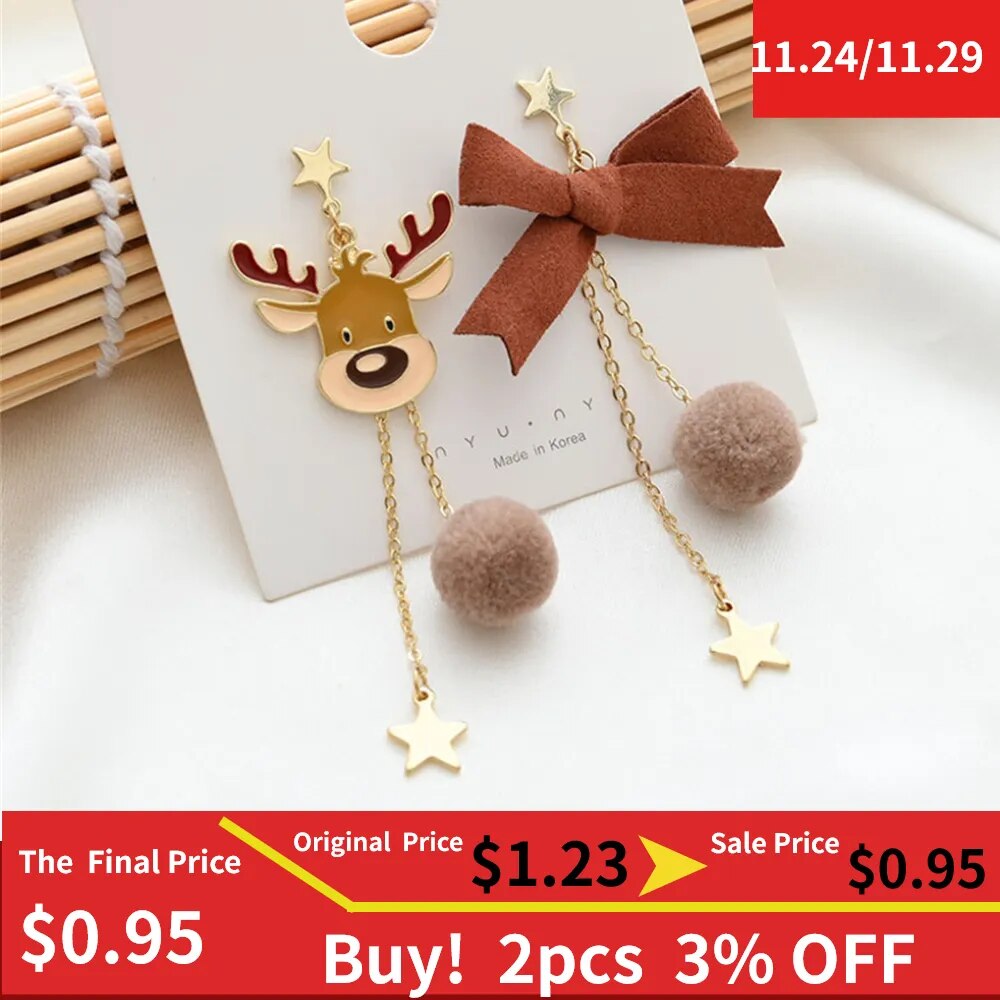 Cute Christmas Elk Bow Dangle Earrings For Women Asymmetric Star Hair Ball Long Tassel Earrings New Year Gifts Fashion Jewelry