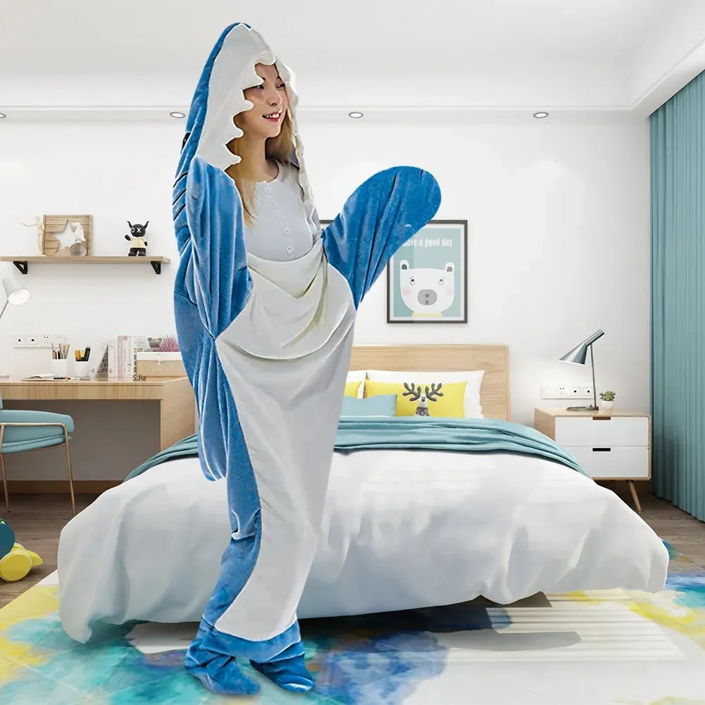 Cartoon Shark Sleeping Bag Pajamas Office Nap Shark Blanket Karakal Soft Cozy Fabric Mermaid Shawl Blanket for Children Adult