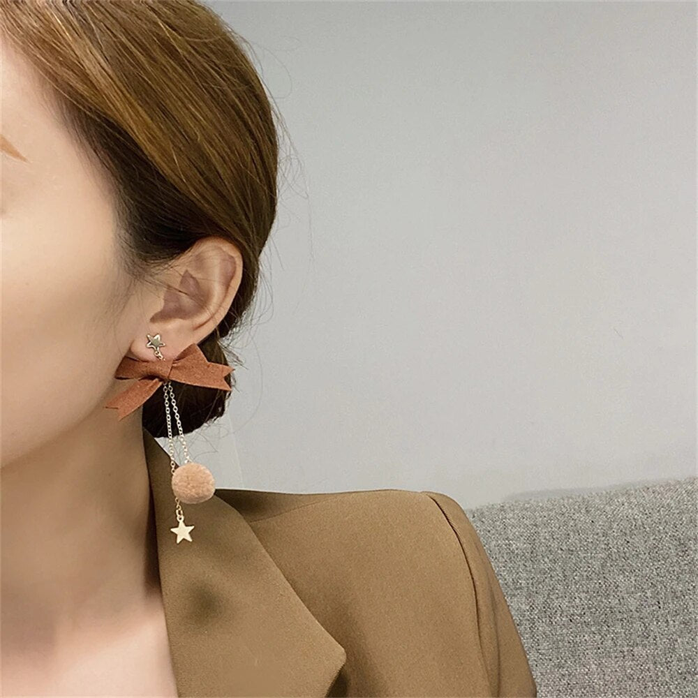 Cute Christmas Elk Bow Dangle Earrings For Women Asymmetric Star Hair Ball Long Tassel Earrings New Year Gifts Fashion Jewelry